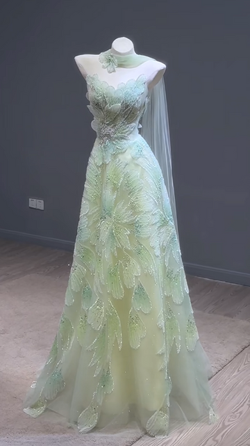 Niulatu Strapless Green A-Line Birthday Dress Tulle Long Prom Dresses Elegant Evening Gowns with Beading HZ1026